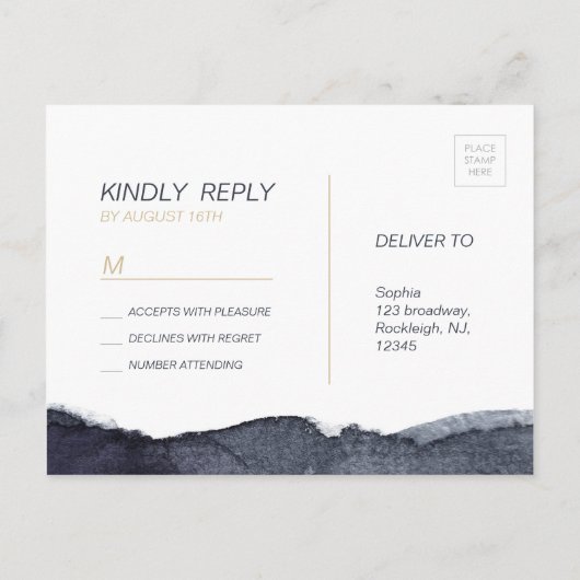 Indigo waterverf modern eenvoudig bruiloft RSVP Uitnodiging Briefkaart (Achterkant)