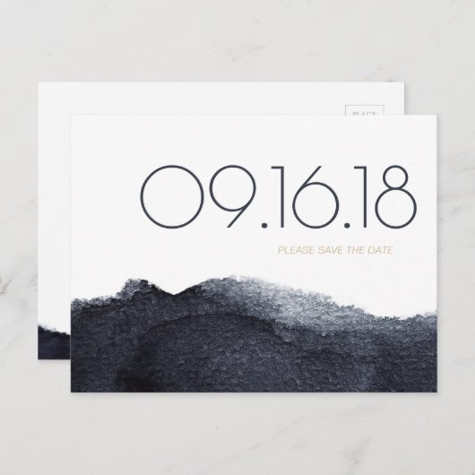 Indigo waterverf modern eenvoudig sparen de datum aankondigingskaart (Voorkant / Achterkant)