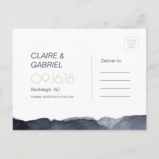 Indigo waterverf modern eenvoudig sparen de datum aankondigingskaart (Achterkant)