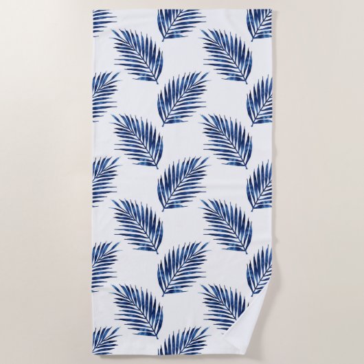 Indigo Waterverf Palm Fronds Pattern Strandlaken (Voorkant)