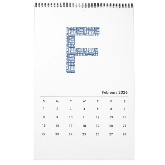 Indigo Waterverf Pattern Minimalist 2019 Calendar Kalender (Feb 2026)