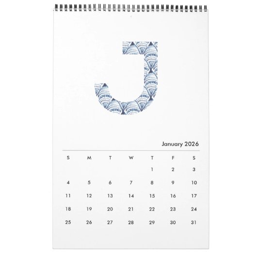 Indigo Waterverf Pattern Minimalist 2019 Calendar Kalender (Jan 2026)