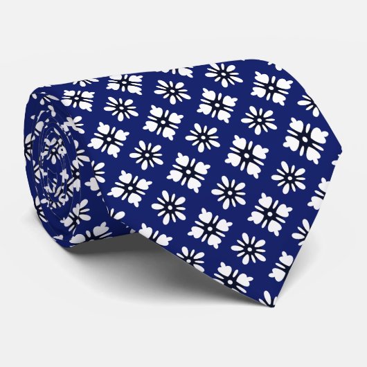  Indigo White Katazome Flowers Patroon Stropdas (Opgerold)