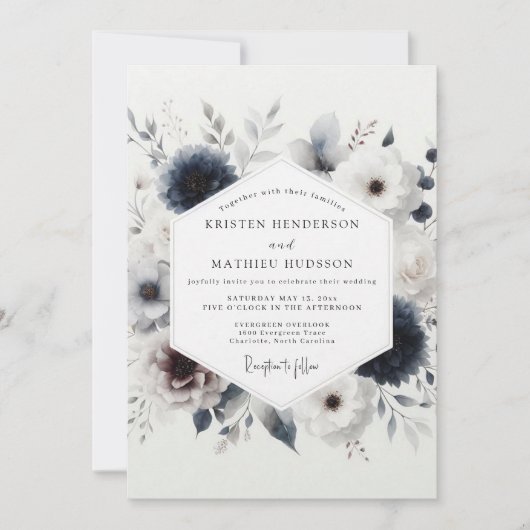 Indigo Winter Floral Wedding Kaart (Voorkant)