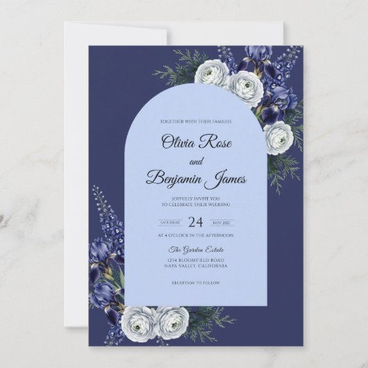 Indigo Witte Ranunculus Eucalyptus Bruiloft Kaart (Voorkant)