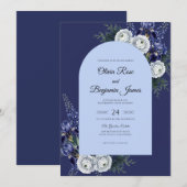 Indigo Witte Ranunculus Eucalyptus Bruiloft Kaart (Voorkant / Achterkant)
