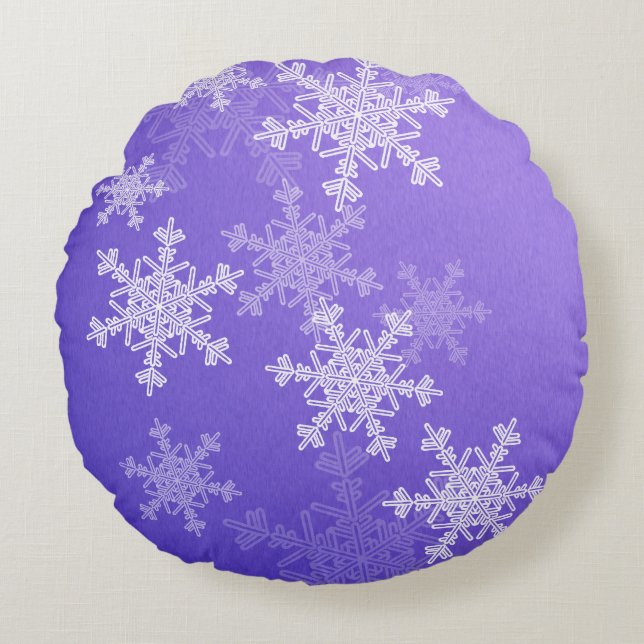 Indigo witte sneeuwvlokken Minimalistische Kerstmi Rond Kussen (Voorkant)