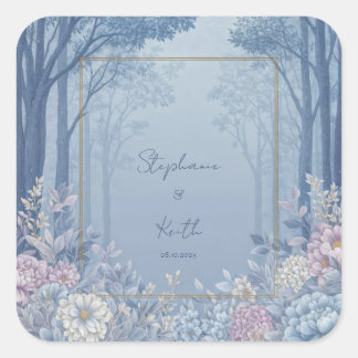 Indigo Woodland Lavender Peony Gold Frame Wedding Vierkante Sticker