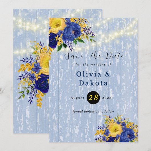 Indigo Yellow Peony Wood Licht bewaar de datum Kaa Kaart (Voorkant / Achterkant)