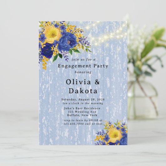 Indigo Yellow Peony Wood Lights Engagement Kaart (Staand voorkant)