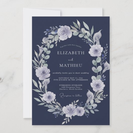 Indigo Zilver Eucalyptus Bruiloft Kaart (Voorkant)