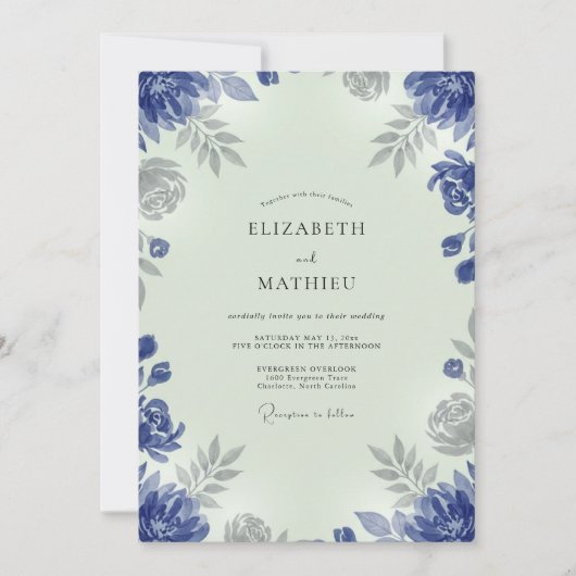Indigo Zilveren Loof Eucalyptus Bruiloft Kaart (Voorkant)