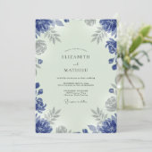 Indigo Zilveren Loof Eucalyptus Bruiloft Kaart (Staand voorkant)