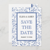 Indigoblauw bladeren patroon bruiloft Opslaan Datu Aankondigingskaart (Voorkant / Achterkant)