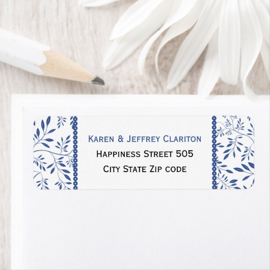 Indigoblauw bladeren patroon en lijst bruiloft etiket (Insitu)
