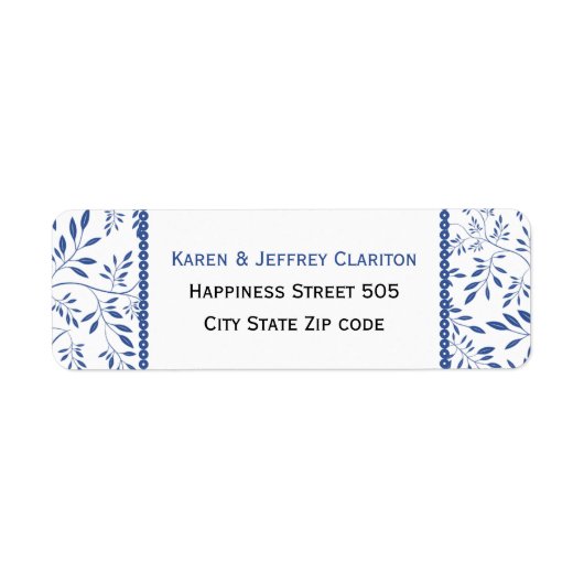 Indigoblauw bladeren patroon en lijst bruiloft etiket (Voorkant)