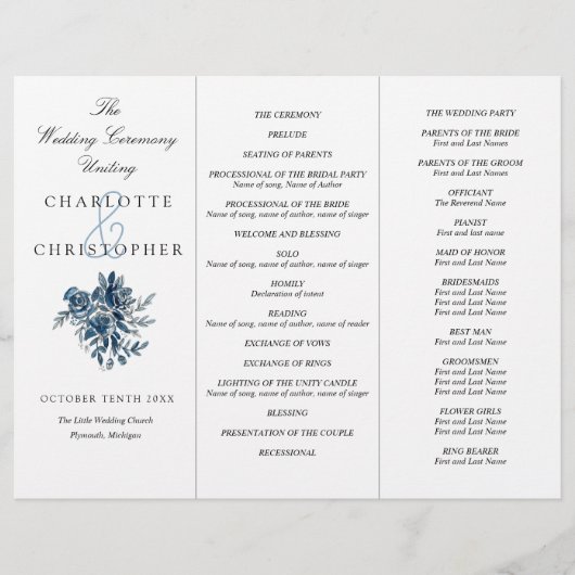 Indigoblauwe bloemen Tri-Fold trouwprogramma (Voorkant)