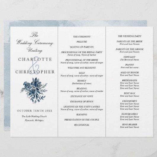 Indigoblauwe bloemen Tri-Fold trouwprogramma (Voorkant / Achterkant)