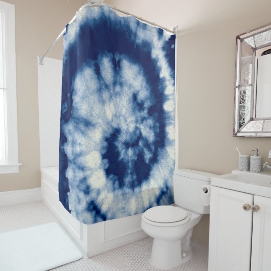 Indigoronde. Bohemiene Tie Dye. Blue Roll Psychede Douchegordijn (In situ)