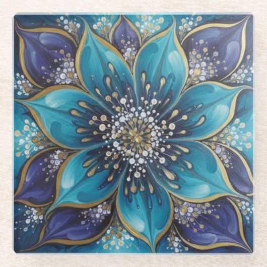 IndigoTealFloralMandala  Glazen Onderzetter (Voorkant)