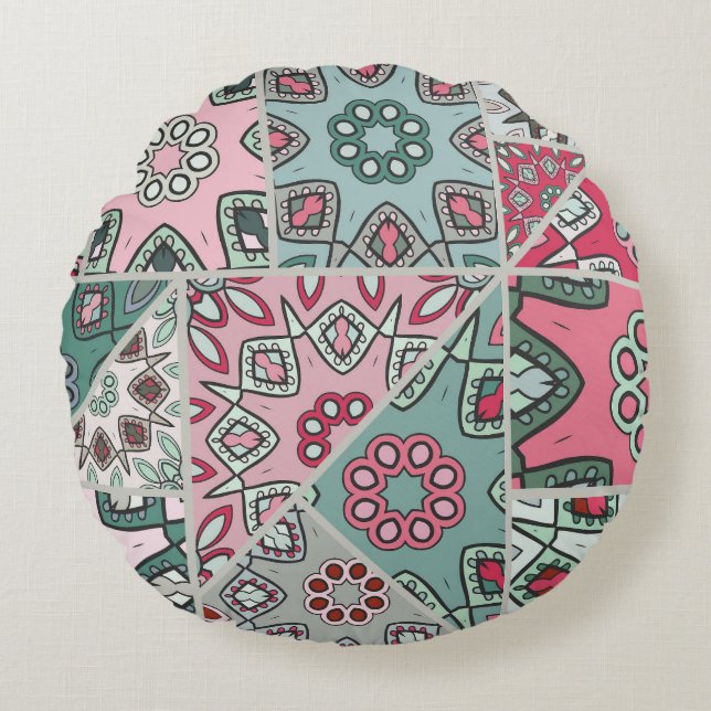 Indisch Arabisch Patchwork Quilt  Rond Kussen (Voorkant)