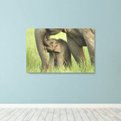 Indische / Aziatische Olifant en jong,Corbett Canvas Afdruk (Insitu (Houten vloer))