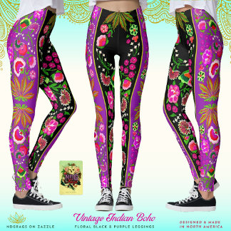  Indische Boho Floral Black en Paars Leggings