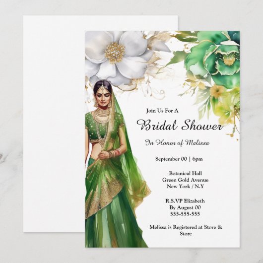 Indische bruid groen goud bloemen botanische bruid kaart (Voorkant / Achterkant)