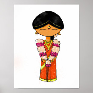 Indische bruiloft Floral Garland Sinaasappel Saree Poster