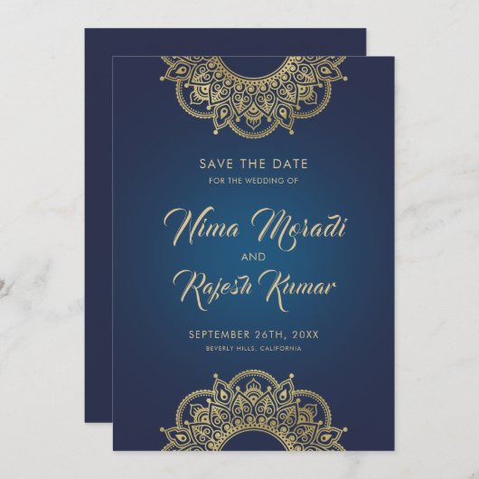Indische bruiloft, Save The Date, Blauw en Goud Save The Date (Voorkant / Achterkant)