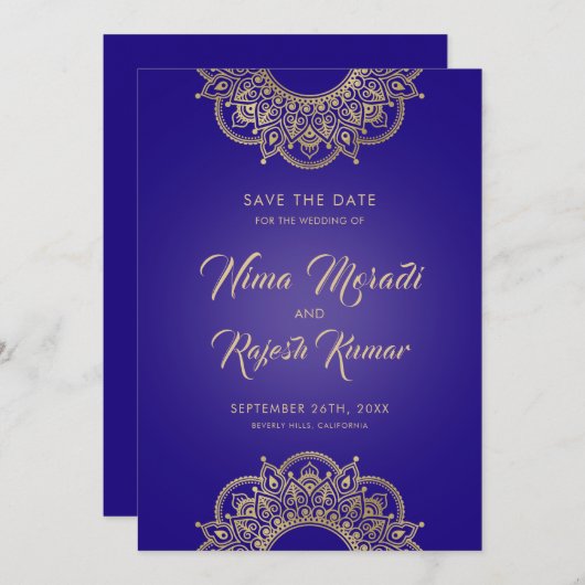 Indische bruiloft, Save The Date, Paarse en gouden Save The Date (Voorkant / Achterkant)