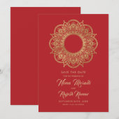 Indische bruiloft, Save The Date, Rood en Goud Date (Voorkant / Achterkant)