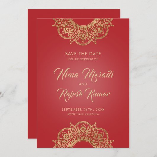 Indische bruiloft, Save The Date, Rood en Goud Save The Date (Voorkant / Achterkant)