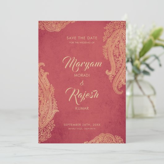 Indische bruiloft, Save The Date, Rood, Goud, Mehn Save The Date (Staand voorkant)