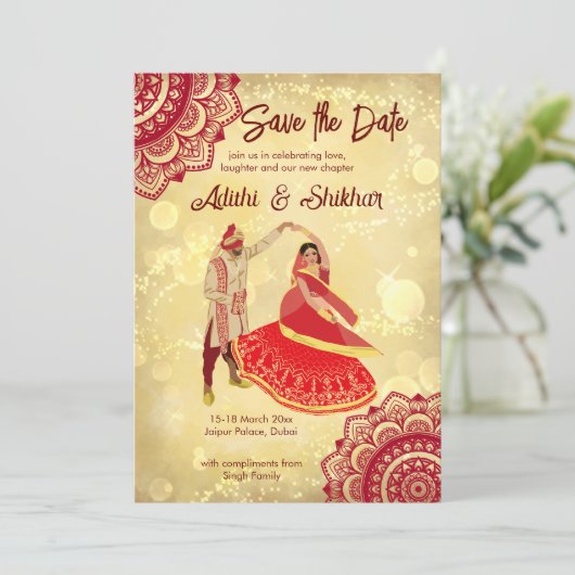Indische bruiloft sparen de datum maroon en goud kaart (Staand voorkant)