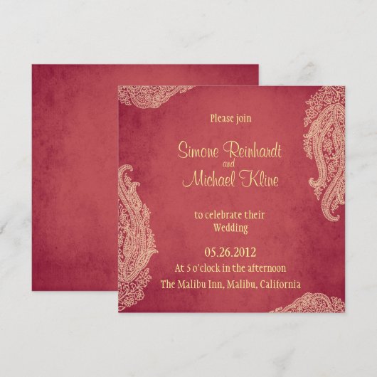 Indische bruiloft-uitnodiging, hindoe, Mehndi-rood Kaart (Voorkant / Achterkant)