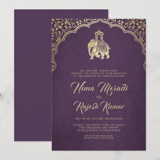 Indische bruiloft uitnodiging, Paarse, Goud, Ganes Kaart (Voorkant / Achterkant)