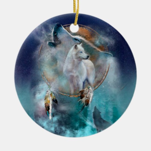 Indische dreamcatcher en etnische stammenwolf keramisch ornament (Voorkant)