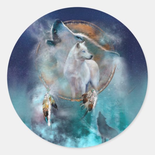 Indische dreamcatcher en etnische stammenwolf ronde sticker (Voorkant)