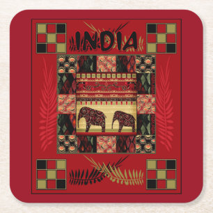 Indische etnische patchwork-olifanten kartonnen onderzetters
