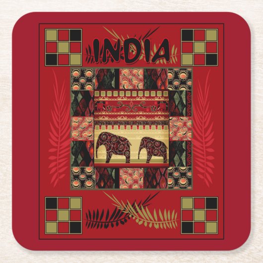 Indische etnische patchwork-olifanten kartonnen onderzetters (Voorkant)