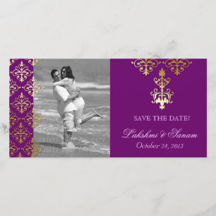 Indische fotokaart Save the Date Damask Paars Gold