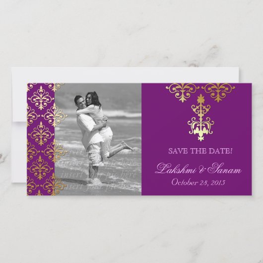 Indische fotokaart Save the Date Damask Paars Gold (Voorkant)