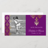 Indische fotokaart Save the Date Damask Paars Gold (Voorkant / Achterkant)