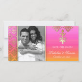 Indische fotokaart Save the Date Damask Pink Oranj (Voorkant)