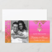 Indische fotokaart Save the Date Damask Pink Oranj (Voorkant / Achterkant)