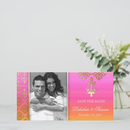 Indische fotokaart Save the Date Damask Pink Oranj (Staand voorkant)