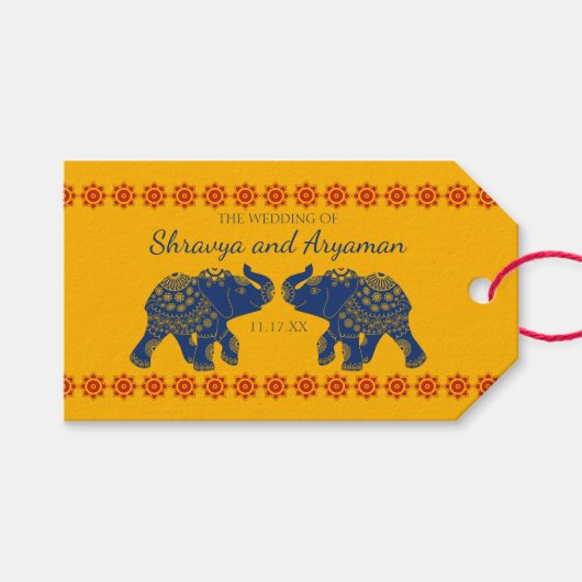 Indische Gedekte olifanten op Royal Blue Wedding Cadeaulabel (Voorkant (Horizontaal))