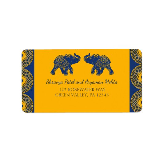Indische Gedekte olifanten op Royal Blue Wedding Etiket (Voorkant)