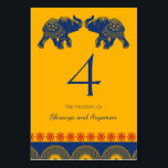 Indische Gedekte olifanten op Royal Blue Wedding Kaart<br><div class="desc">Deze tabelnummers bieden een moderne kijk op traditionele Indiase trouwceremonies en -recepties met hun vettige kleurenpalet goudgeel,  rood en koninklijk blauw. De nummerkaarten zijn voorzien van een geometrisch motief en illustraties van olifanten in koningsblauw.</div>